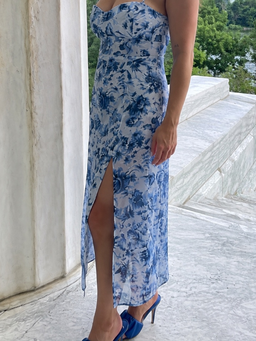 Abercrombie & Fitch White and Blue Floral Strapless Midi Dress with Front Slit